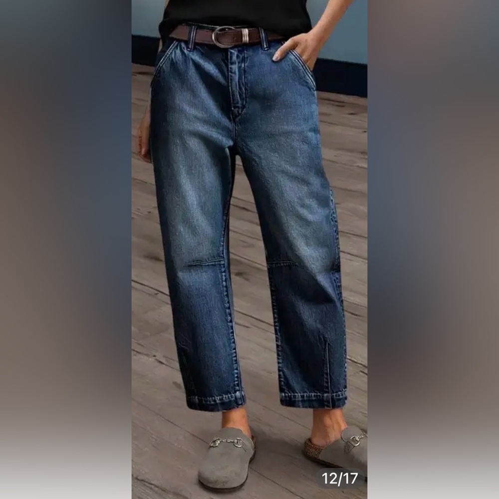 Flamingals Wash Stitch Detail Mid Rise Barrel Leg Crop Jeans